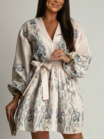 Spring And Summer High Qualty Women's Oversized Fashion Retro Elegant Belted Slim Midi Dress Half Placket Lantern Sleeve Boho Dress