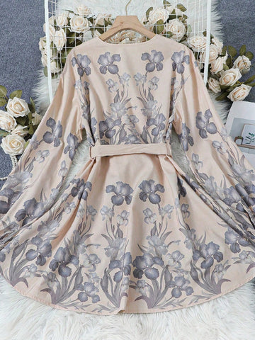 Spring And Summer High Qualty Women's Oversized Fashion Retro Elegant Belted Slim Midi Dress Half Placket Lantern Sleeve Boho Dress