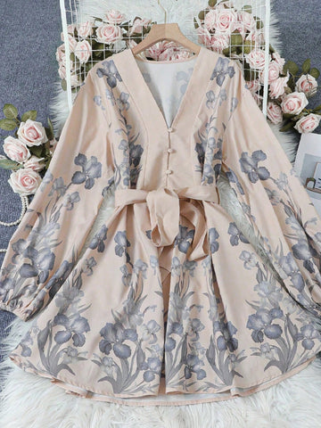 Spring And Summer High Qualty Women's Oversized Fashion Retro Elegant Belted Slim Midi Dress Half Placket Lantern Sleeve Boho Dress