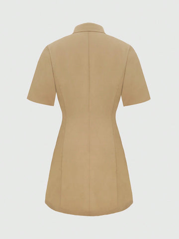 Spring And Summer New Style Fashionable Simple Temperament Lapel Single-Breasted Slimming Short Dress For Women