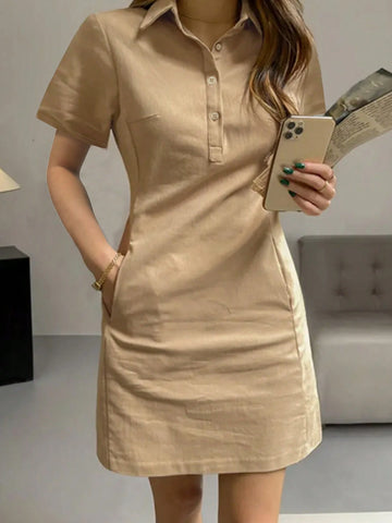 Spring And Summer New Style Fashionable Simple Temperament Lapel Single-Breasted Slimming Short Dress For Women