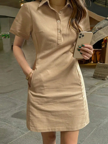 Spring And Summer New Style Fashionable Simple Temperament Lapel Single-Breasted Slimming Short Dress For Women