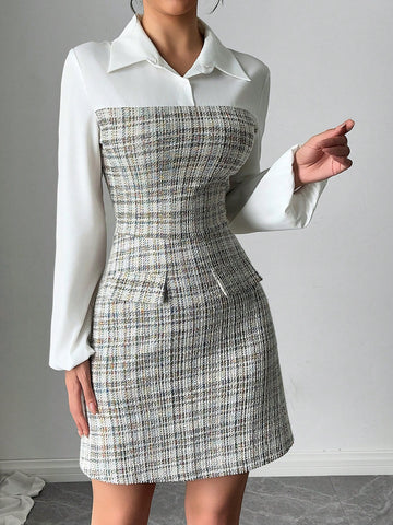 Spring And Summer New Women's Fashion Outfit, Patchwork 2 In 1 Shirt Style Dress