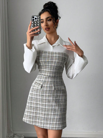 Spring And Summer New Women's Fashion Outfit, Patchwork 2 In 1 Shirt Style Dress