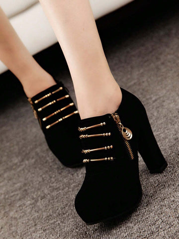 Spring Autumn New Black Thick Heel High Heel Shoes For Women, Suede Fabric Beaded Side Zipper