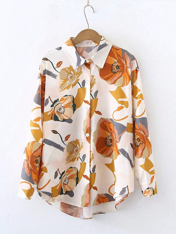 Spring Design Sense Retro French Temperament Printed Chiffon Long-Sleeved Shirt For Women