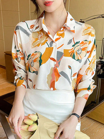 Spring Design Sense Retro French Temperament Printed Chiffon Long-Sleeved Shirt For Women