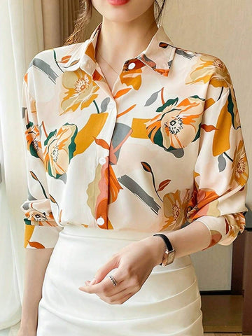 Spring Design Sense Retro French Temperament Printed Chiffon Long-Sleeved Shirt For Women