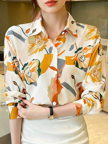 Spring Design Sense Retro French Temperament Printed Chiffon Long-Sleeved Shirt For Women