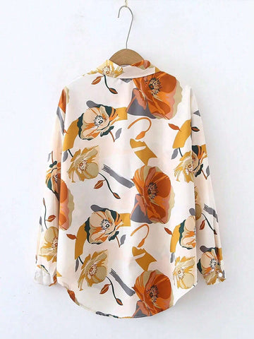 Spring Design Sense Retro French Temperament Printed Chiffon Long-Sleeved Shirt For Women