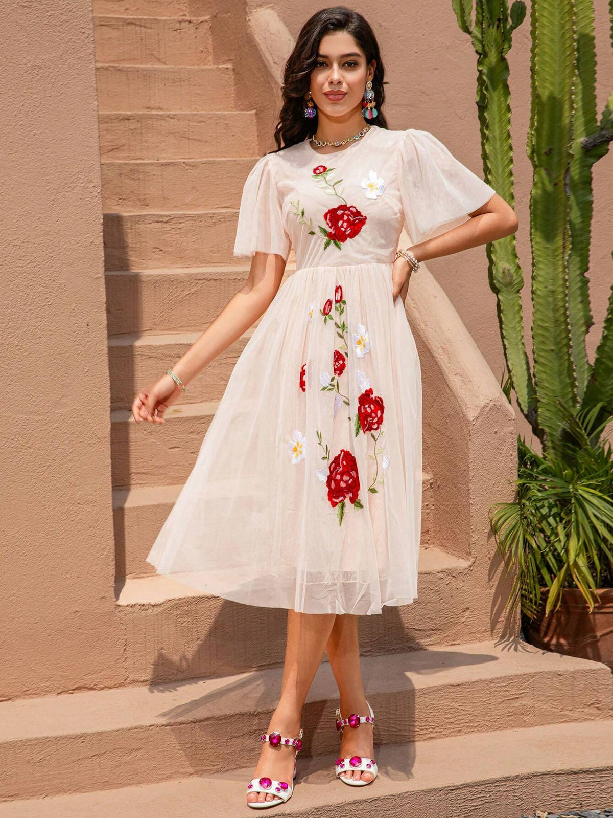 Spring Summer Fashion Women Gorgeous Elegant Big Swing Long Dress Sashes Mesh Floral Embroidery Mesh Midi Dress