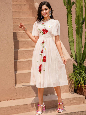 Spring Summer Fashion Women Gorgeous Elegant Big Swing Long Dress Sashes Mesh Floral Embroidery Mesh Midi Dress