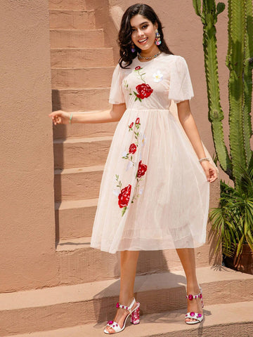 Spring Summer Fashion Women Gorgeous Elegant Big Swing Long Dress Sashes Mesh Floral Embroidery Mesh Midi Dress