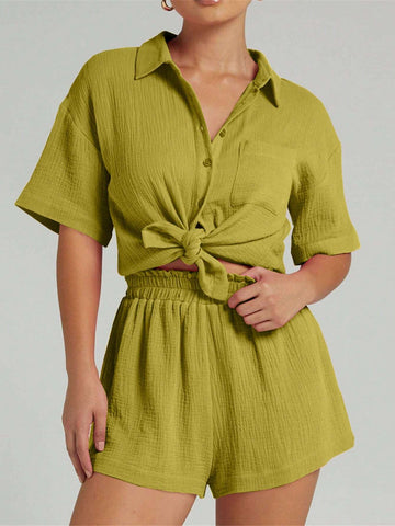 Spring Summer Fashion Women Shorts 2 Pieces Set Women Casual Loose Short Sleeve Single Row Button Solid Color Shirt Set