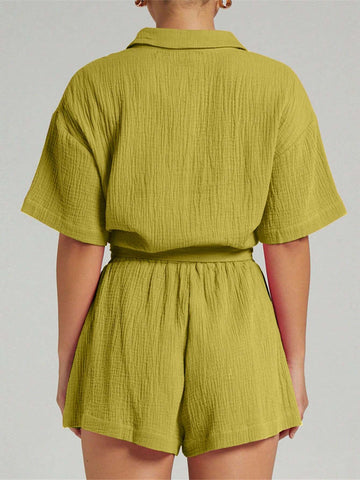 Spring Summer Fashion Women Shorts 2 Pieces Set Women Casual Loose Short Sleeve Single Row Button Solid Color Shirt Set