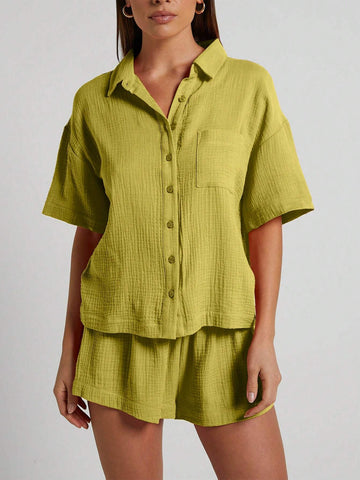 Spring Summer Fashion Women Shorts 2 Pieces Set Women Casual Loose Short Sleeve Single Row Button Solid Color Shirt Set