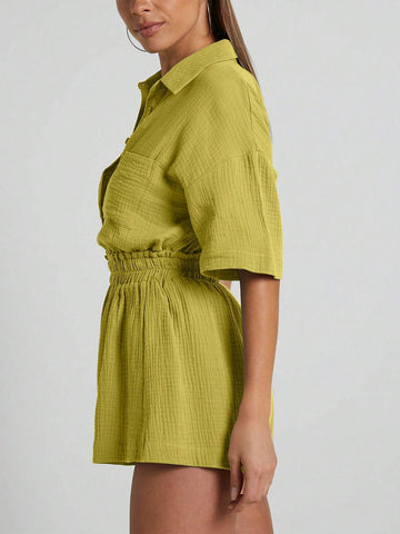 Spring Summer Fashion Women Shorts 2 Pieces Set Women Casual Loose Short Sleeve Single Row Button Solid Color Shirt Set