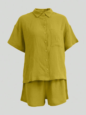 Spring Summer Fashion Women Shorts 2 Pieces Set Women Casual Loose Short Sleeve Single Row Button Solid Color Shirt Set
