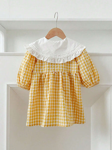 Spring & Autumn Big Collar Floral Ruffle Plaid Princess Dress