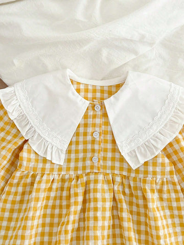 Spring & Autumn Big Collar Floral Ruffle Plaid Princess Dress