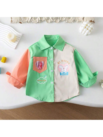 Spring & Autumn Colorful Cartoon Print Fashion Color Block Long Sleeve Shirt For Young Girl