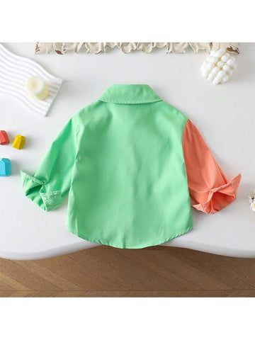 Spring & Autumn Colorful Cartoon Print Fashion Color Block Long Sleeve Shirt For Young Girl