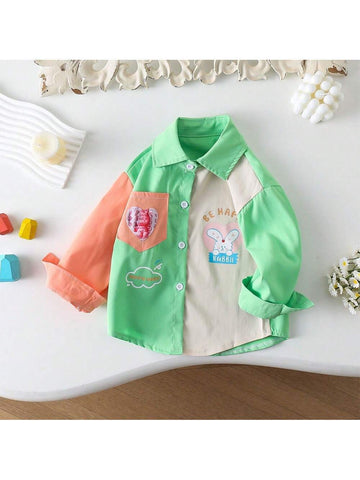Spring & Autumn Colorful Cartoon Print Fashion Color Block Long Sleeve Shirt For Young Girl