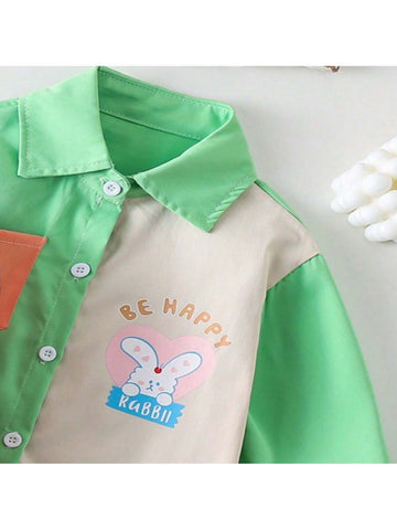 Spring & Autumn Colorful Cartoon Print Fashion Color Block Long Sleeve Shirt For Young Girl