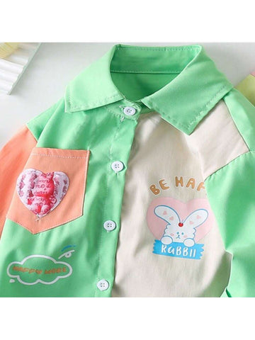 Spring & Autumn Colorful Cartoon Print Fashion Color Block Long Sleeve Shirt For Young Girl