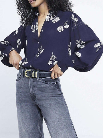 Spring & Autumn Floral Print Stand Collar Long Sleeve Single-Breasted Shirt