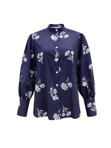 Spring & Autumn Floral Print Stand Collar Long Sleeve Single-Breasted Shirt