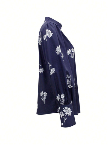 Spring & Autumn Floral Print Stand Collar Long Sleeve Single-Breasted Shirt