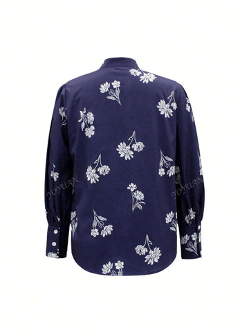 Spring & Autumn Floral Print Stand Collar Long Sleeve Single-Breasted Shirt