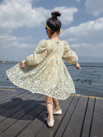 Spring & Autumn Girls Puff Sleeve Mesh Ditsy Floral Cute Sweet Princess Dress
