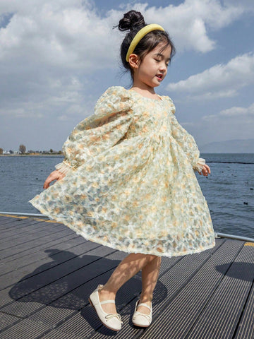 Spring & Autumn Girls Puff Sleeve Mesh Ditsy Floral Cute Sweet Princess Dress