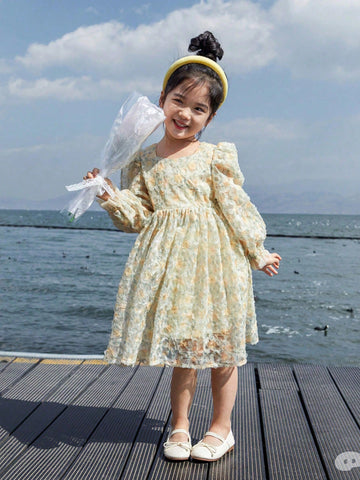Spring & Autumn Girls Puff Sleeve Mesh Ditsy Floral Cute Sweet Princess Dress