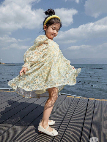 Spring & Autumn Girls Puff Sleeve Mesh Ditsy Floral Cute Sweet Princess Dress