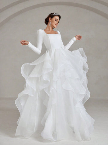 Square Collar Long Sleeve Mesh Overlay Hem Wedding Dress