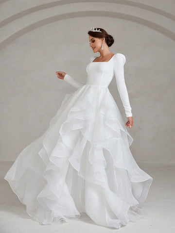 Square Collar Long Sleeve Mesh Overlay Hem Wedding Dress