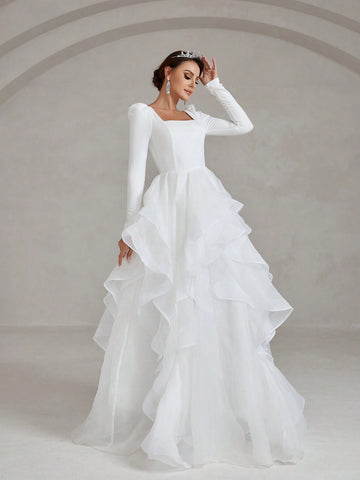 Square Collar Long Sleeve Mesh Overlay Hem Wedding Dress