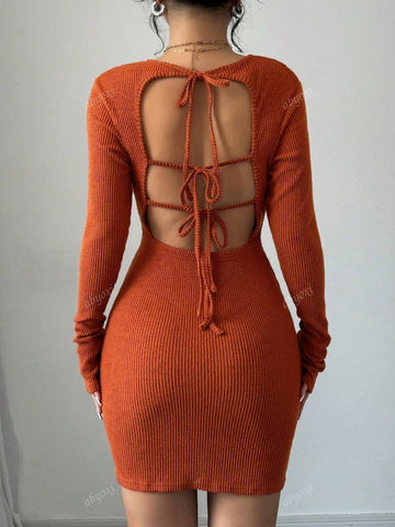 Square Neck Back Strap Hollow Mini Dress, Textured Fabric, Soft And Comfortable, Hot Girl