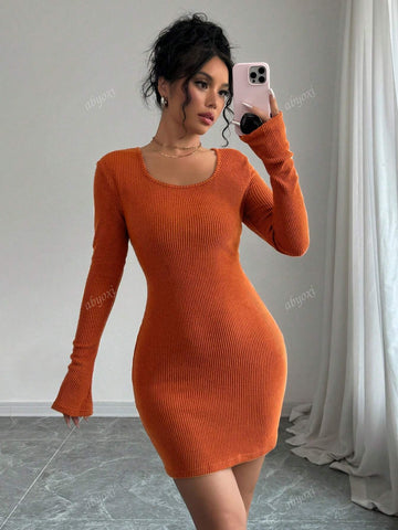 Square Neck Back Strap Hollow Mini Dress, Textured Fabric, Soft And Comfortable, Hot Girl