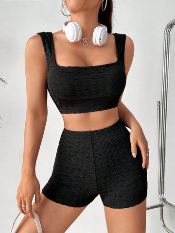 Square Neck Crop Top And Tight Shorts 2pcs/Set