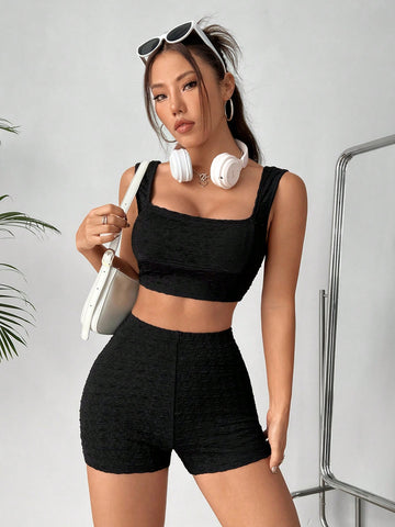 Square Neck Crop Top And Tight Shorts 2pcs/Set