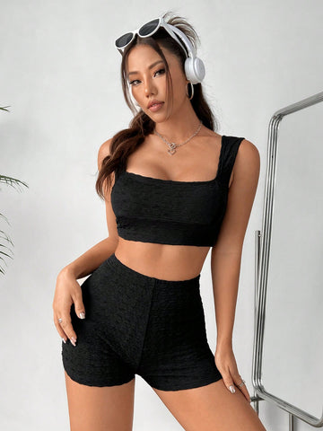 Square Neck Crop Top And Tight Shorts 2pcs/Set