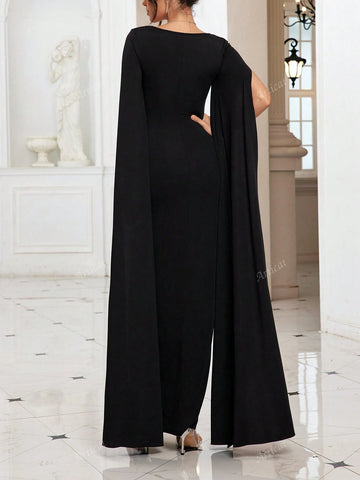 Square Neck High Slit Long Sleeve Dress, Solid Color Sexy