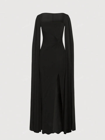 Square Neck High Slit Long Sleeve Dress, Solid Color Sexy