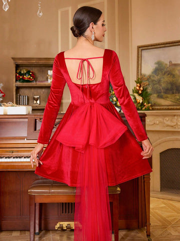 Square Neck Sweet Elegant Velvet Pearl Studded Tulle Bow Puff Princess Dress