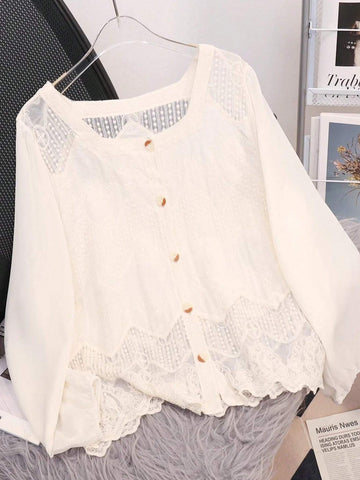 Square Neck, Vintage Panel, Cut-Out Long-Sleeved T-Shirt