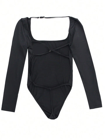 Square Neckline Bodysuit With Tied Straps